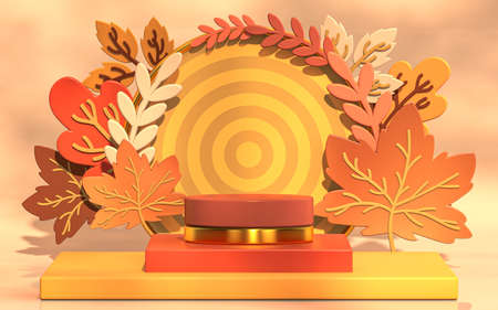 autumn sale product presentation podium display with maple leaves 3d renderingの写真素材