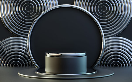 dark metallic 3d rendering podium display for product presentation with abstract pattern background