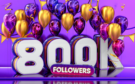 800k followers celebration, thank you social media banner with purple and gold balloon 3d renderingの写真素材