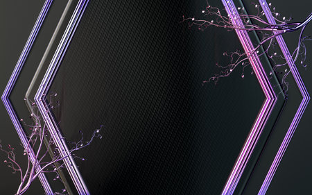 dark purple abstract geometric shape background with leaves 3d renderingの写真素材