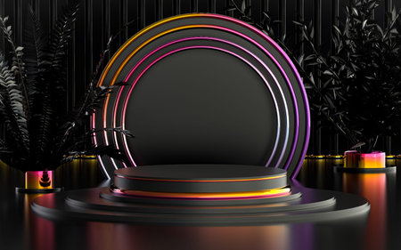 gradient abstract ring circle with leaves luxury podium stage for product background 3d renderingの写真素材