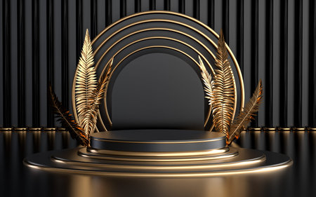 gold abstract geometric ring circle with leaves 3d rendering podium display for product presentationの写真素材