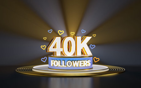 40k followers celebration, thank you social media banner with spotlight gold background 3d render