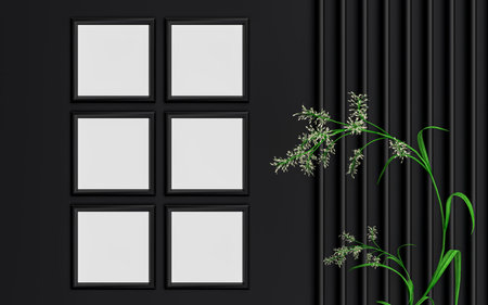 dark luxury A4 size square photo frame mockup background with green leaves 3d rendering