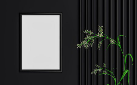 dark luxury A4 size vertical photo frame mockup background with green leaves 3d rendering