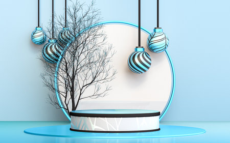 winter merry Christmas tree with blue luxury podium display for product presentation. 3d renderingの写真素材