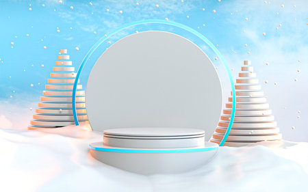 3D winter podium display, Christmas tree white abstract look background 3d renderingの写真素材