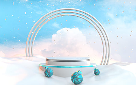 3D winter and Christmas podium display, white and blue abstract look background 3d rendering