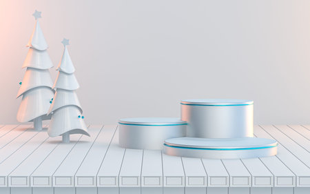 white luxury winter and Christmas podium display with tree and gift box 3d rendering