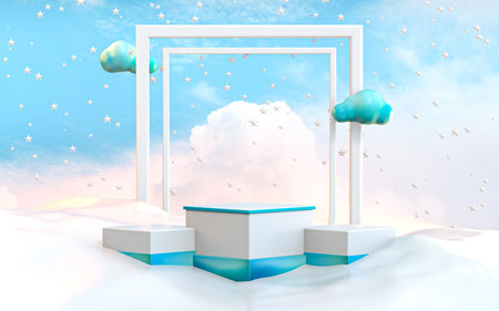 3D winter and Christmas podium display, white and blue abstract look background 3d renderingの写真素材