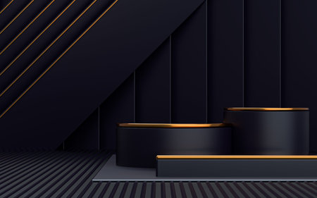 3d render podium on dark and gold abstract background empty space Platform for product promotionの写真素材