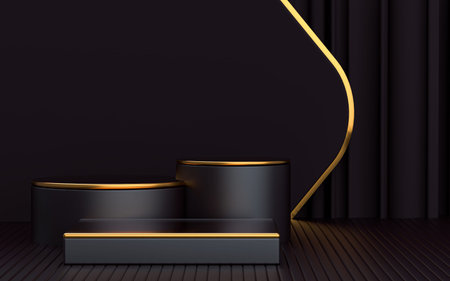 3d render podium on dark and gold abstract background empty space Platform for product promotion