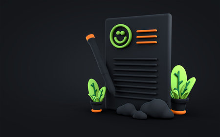 Checklist of business tasks happy smiling emoji and clipboard paper on dark background 3d rendering
