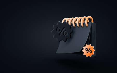 online shopping discount event calendar symbol with percent on dark background for social media post, banner, web template, cover 3d renderingの写真素材
