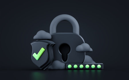 security shield lock check mark and cloud dark iconic background for cyber protection 3d rendering