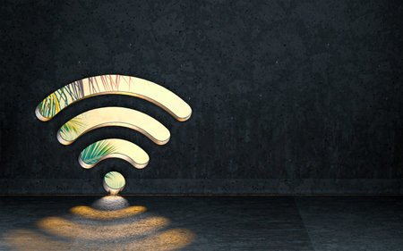 wifi icon showing inside of interior with sunray shiny realistic background 3d render