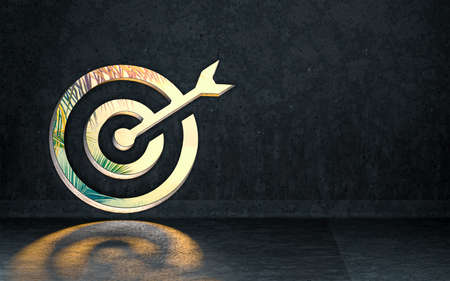 bullseye arrow icon showing inside of interior with sunray shiny realistic background 3d renderの写真素材