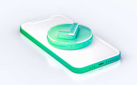 checkmark sign on mobile phone isolated white background 3d render concept for web banner landing pageの写真素材