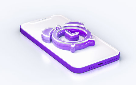 alarm clock sign on mobile phone isolated white background 3d render concept for web banner landing pageの写真素材