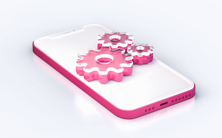 gear sign on mobile phone isolated white background 3d render concept for web banner landing page