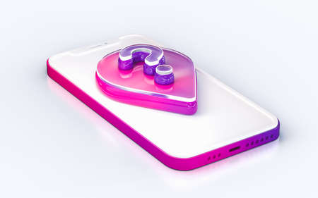 location question mark sign on mobile phone isolated white background 3d render concept for web banner landing pageの写真素材