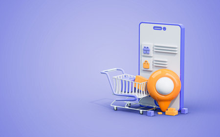 location pin and boxes shopping cart online orders, delivery and tracking of parcel 3d render