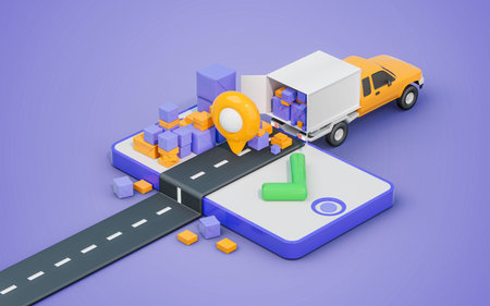 product delivery service courier transportation with cargo truck and location sign 3d render concept