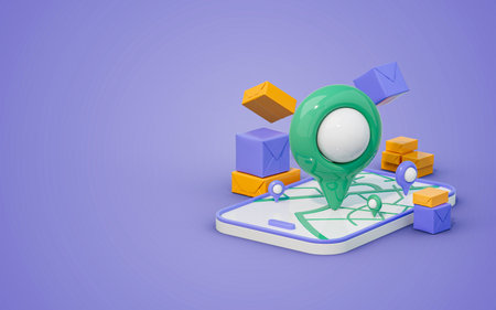location pin and boxes Concept of online orders, shopping, delivery and tracking of parcel 3d render