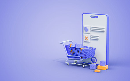 online shopping parcel boxes on shopping cart and mobile checklist 3d render concept for advertisingの写真素材