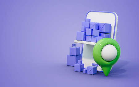 location pin and boxes Concept of online orders, shopping, delivery and tracking of parcel 3d renderの写真素材