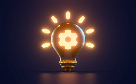 setting gear icon glowing inside light bulb on dark background 3d render concept