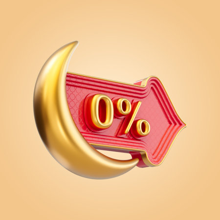 0 percent Ramadan and Eid discount offer sale label badge icon with gold moon 3d render conceptの写真素材