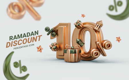 Ramadan and Eid sale banner template Discount 10 percent 3d render crescent moon, lantern gift box
