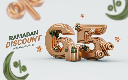 Ramadan and Eid sale banner template Discount 65 percent 3d render crescent moon, lantern gift boxの写真素材