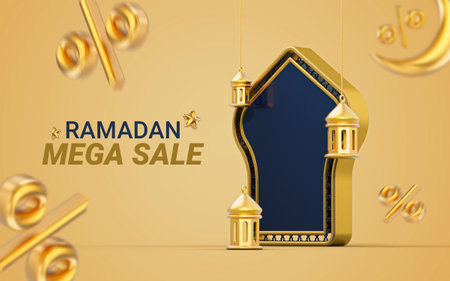 Ramadan and eid discount sale label badge banner template design background 3d render with lanternの写真素材