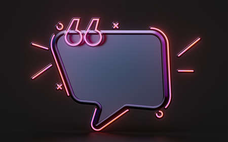 quote text box with neon light dark background 3d render concept for offer discount sell messageの写真素材