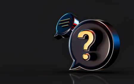 3d render gold metallic question mark message icon on dark background concept for asking informationの写真素材