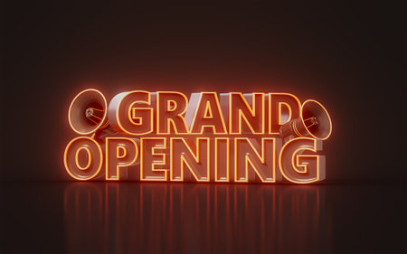 grand opening sign in retro neon glowing light banner 3d render concept for starting super shop
