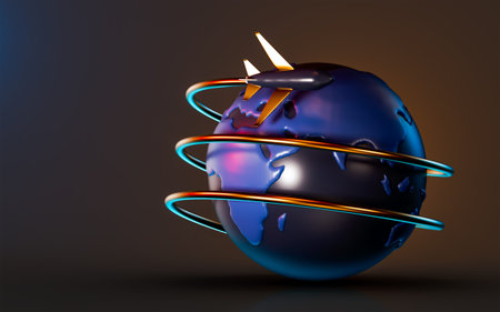 global travel icon on dark background 3d render concept for tour in the hole world different place