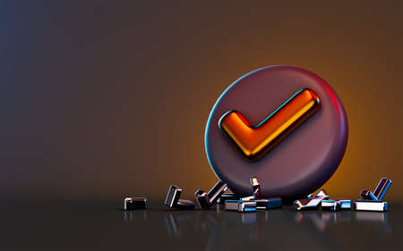 check mark badge icon on dark background 3d render concept for confirm correct solution examの写真素材