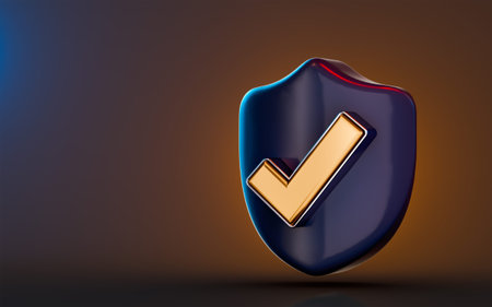 checkmark on the shield icon with dark background 3d render concept for cyber protection confirm