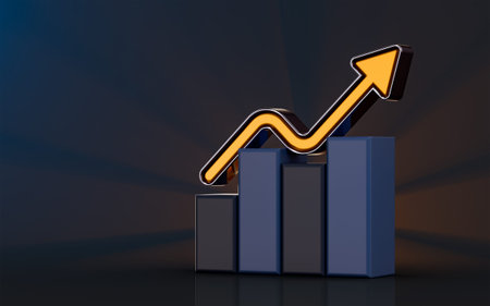 BUSINESS GROWTH CHART UP ICON  ON DARK BACKGROUND 3D RENDER CONCEPT FOR INVESTING PROFITE INCRESING
