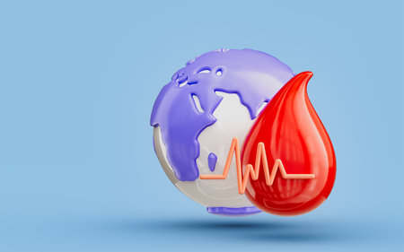 Blood drop rhythm icon with globe 3d render concept for world blood donation day to save humanityの写真素材