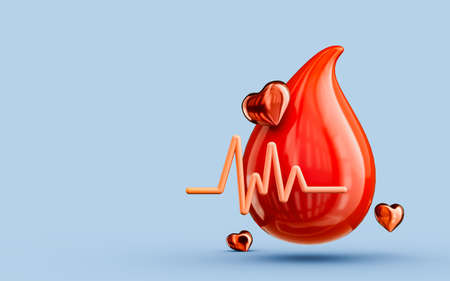 Blood drop rhythm icon with small heart 3d render concept for world blood donation day to save lifeの写真素材