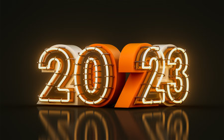 happy new year 2023 with neon light and glass effect on dark background 3d render concept