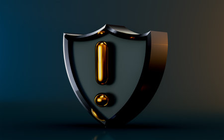 security shield exclamation icon on dark background 3d render concept for safety protection warningの写真素材