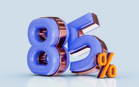 realistic glossy 85 percent discount sale banner golden effect 3d render concept for shopping offerの写真素材