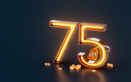 75 percent discount sale banner with tag neon glowing light on dark background 3d render concept