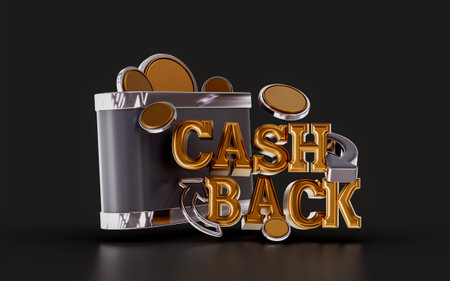 cash back offer with gold coin and text on dark background 3d render concept for shopping paymentの写真素材