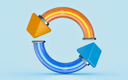 two rotation arrow refresh reload research reconnect 3d render icon yellow blue glass effect